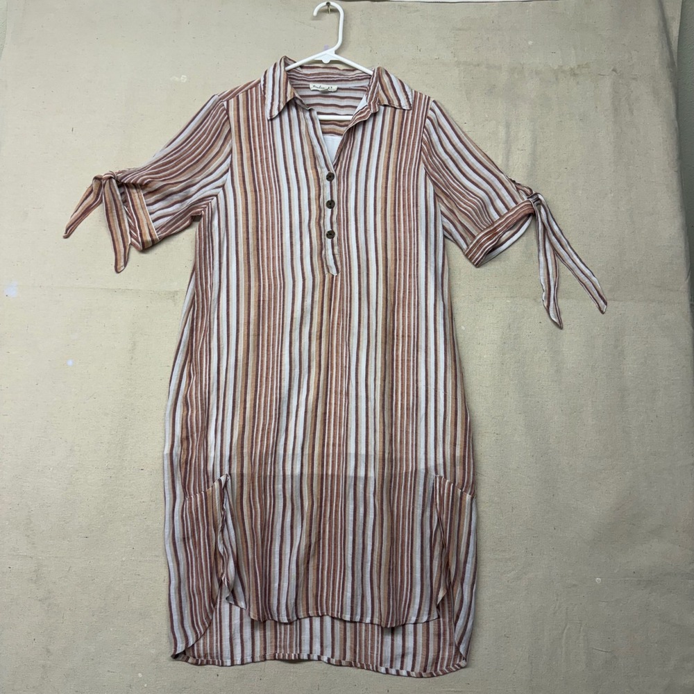 Indigo Rose Striped Shirt Dress Brown Tan White Tie Sleeve Henley Medium